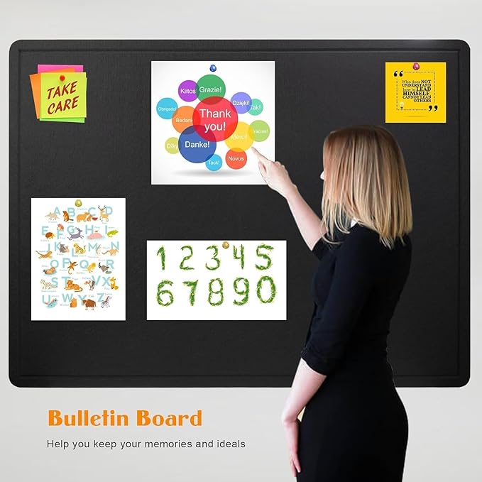 Bulletin Board, 23.5 X 17.5 inches Cork Board with 20 Pushpin, Felt Cork Board Notice Pin Board, Self-Adhesive Vision Board Mood Board Foldable Photo Board for Wall - Black