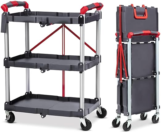 3-Tier Foldable Utility Cart with Wheels, Portable Rolling Storage Trolley, 167 lbs Load Capacity, No-Assembly Organizer for Office, Home, Garage, Restaurant, and Warehouse, Grey
