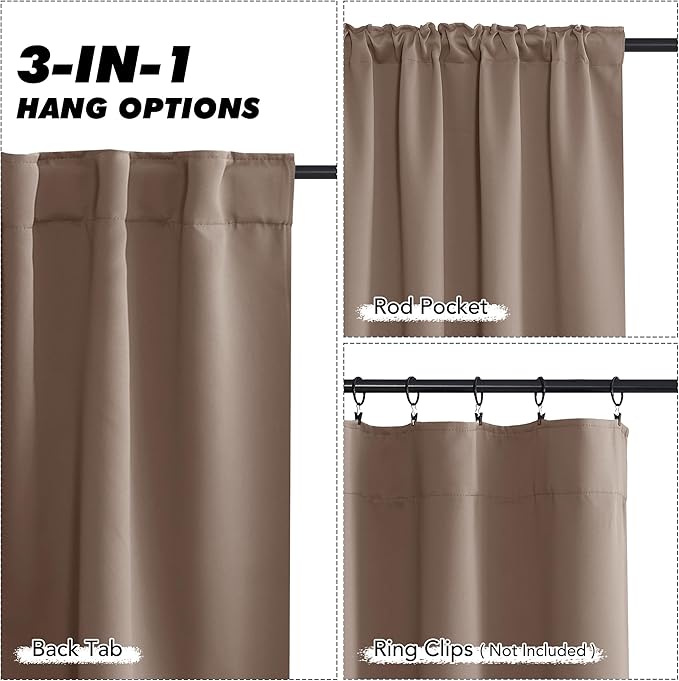 KGORGE Mocha Short Blackout Curtains 36 inch Length for Kitchen, Back Tab Rod Pocket Privacy Thermal Insulation Short Half Window Tiers for Bathroom Basement Offic, W34 x L36, 2 Panels