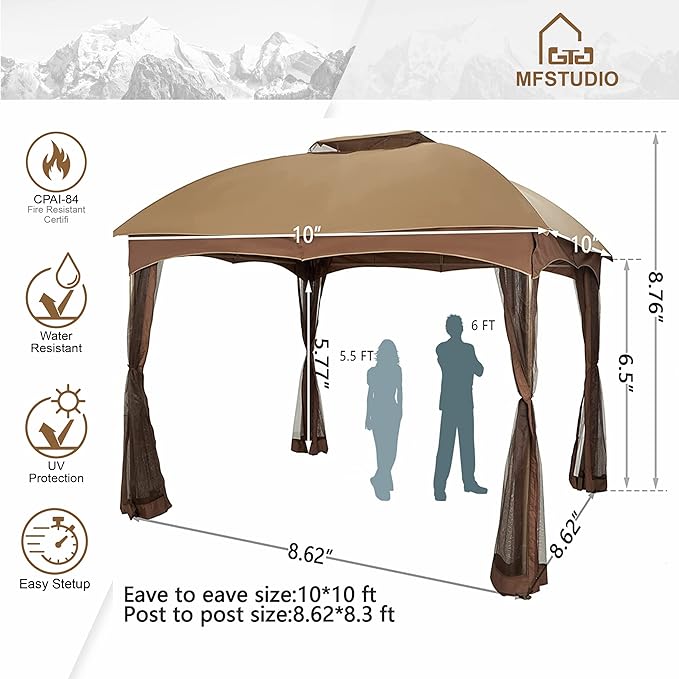 MFSTUDIO 10'x10' Patio Gazebo Tent,Heavy Duty Outdoor Canopy Shelter with Mosquito Netting and Double Roof Tops for Garden Backyard Parties Deck Yard Lawns …