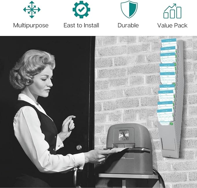 Flexzion Time Card Holder Wall Mount Expandable Time Clock Rack Single Row 20 Slot Rack Card Holder for 7 x 4.6-Inch Timesheets for Attendance Payroll Employee Assignment in Out Timecard Rack, Gray