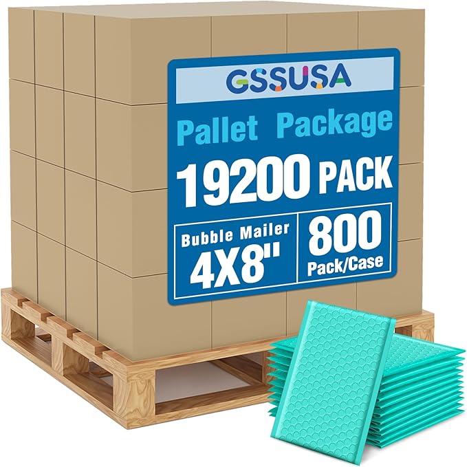 GSSUSA Teal Bubble Mailers 4x8 Inches 19200 Pack, Usable Size 4X7" Bubble Envelopes for Small Business, 1 Pallet Padded Envelope, Shipping Mailers, Packaging Bags, Mailing Envelopes, Shipping Supplies
