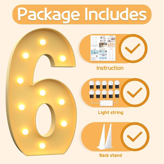 Marquee Numbers 4 Feet Tall Large Light Up Numbers 6th 16th Sweet Sassy and Six Birthday Decorations Big Yellow Light Outdoor Anniversary Decorations Balloon Arch Kit Party Backdrop 6