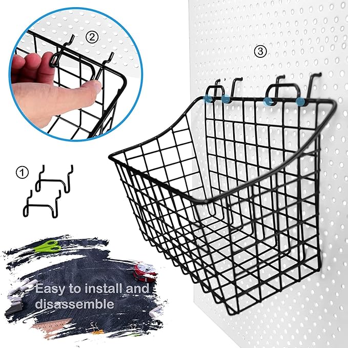 LIGHT DUST 3-Pack Pegboard Baskets with Hooks, Wall Organizer Hooks Assortment, Workbench Storage System for Hardware, Attachments, Accessories