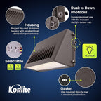 Konlite - 63W/45W/30W Full-Cutoff LED Wall Pack Lights, Selectable Wattage & CCT (5000K/4000K/3000K), LED Wall Light, Energy Efficient, Durable, Outdoor Commercial Wall Pack Light, 9797LM