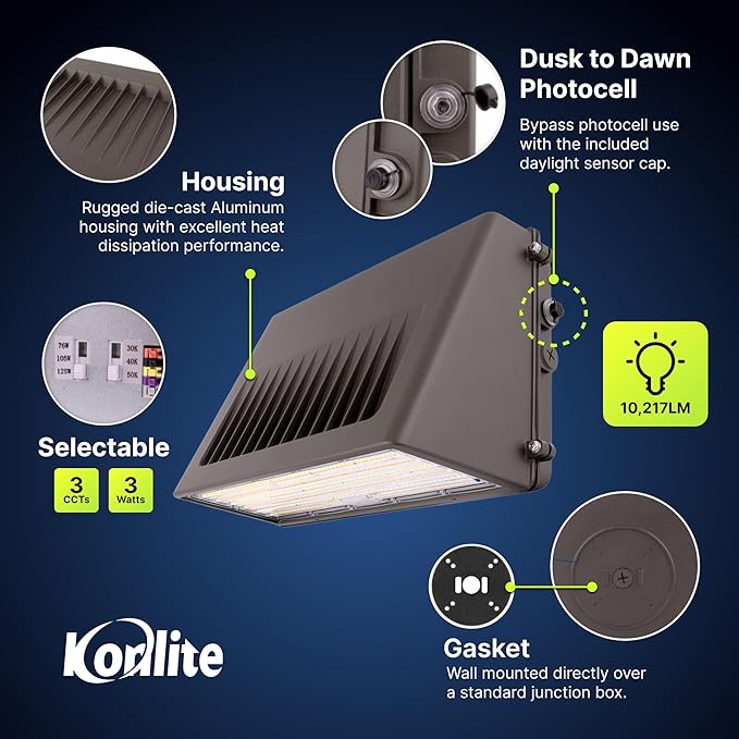 Konlite - 63W/45W/30W Full-Cutoff LED Wall Pack Lights, Selectable Wattage & CCT (5000K/4000K/3000K), LED Wall Light, Energy Efficient, Durable, Outdoor Commercial Wall Pack Light, 9797LM