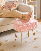 IBUYKE Rectangular Faux Fur Vanity Stool with Storage, Furry Makeup Chair Ottoman, Soft Padded Seat, Round Footrest Footstools with 4 Metal Legs, for Living Room Bedroom Entryway, Pink WBD022P