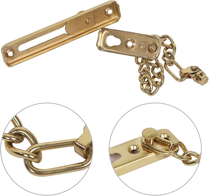 2 Pack Door Chain Lock, KINJOEK Stainless Steel Security Chain Guard with Spring Anti Theft Press Lock, Heavy Duty Polished Door Latch with Screws, Gold