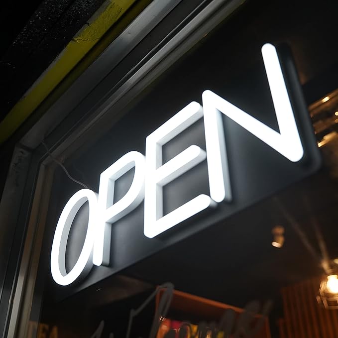 HiNeon White Neon Open Sign 20inx7in LED Light w/Remote Controller, Electric Light Up Open Sign for Business Store, w/Hanging Chain for Shop Windows, Direct Plug-In w/ 12V Power Adapter