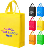 Custom Tote Bags 100pcs, Yellow Non-woven Tote with Logo, Reusable Bag with Durable Handle, Ideal for Grocery Shopping, Gifts Wrapping & Travel