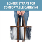 CleverMade Collapsible LUXE Tote - Navy Striped 1 Pack 30L / 8 Gal - Reusable Grocery Shopping Storage Bag Organizer w/ Handles Reinforced Bottom