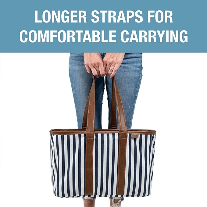 CleverMade Collapsible LUXE Tote - Navy Striped 1 Pack 30L / 8 Gal - Reusable Grocery Shopping Storage Bag Organizer w/ Handles Reinforced Bottom