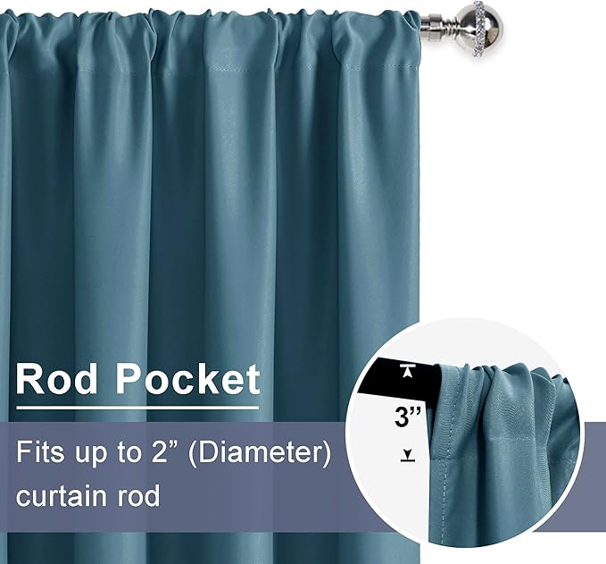 JIUZHEN Blackout Curtains for Bedroom - Thermal Insulated Room Darkening Noise Reducing, 52 x 84 Inch Length Curtains for Living Room, Set of 2 Panels with Tiebacks, Stone Blue
