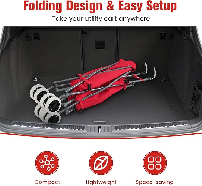 GOFLAME Folding Shopping Cart on Wheels, Waterproof Grocery Cart with Removable Cover and 360° Swiveling Wheels, Collapsible Utility Cart for Groceries and Laundry, 120LBS Load Capacity, Red