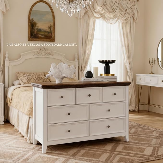 BLANKSPACE 7 Drawer Dresser, Modern Farmhouse Dresser Chest of Drawer for Bedroom, Chest of Drawers Storage Cabinet for Living Room, Entryway, Hallway, Antique White