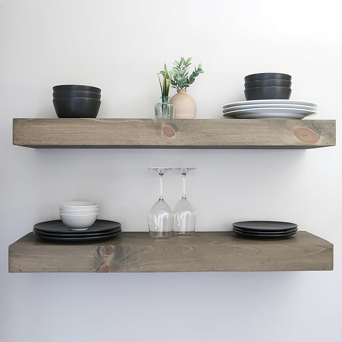 Urbandi Modern Floating Shelves 3 Inches Thick for Wall, Wide Shelves for Kitchen, Living Room, Bedroom, and Bathroom, Natural Pine Wood, Rustic Wooden Shelf, (Set of 2) (Aged Barrel, 24Lx3Hx8D)
