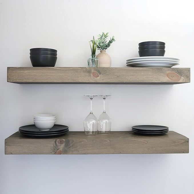 Urbandi Modern Floating Shelves 3 Inches Thick for Wall, Wide Shelves for Kitchen, Living Room, Bedroom, and Bathroom, Natural Pine Wood, Rustic Wooden Shelf, (Set of 2) (Aged Barrel, 60Lx3Hx6D)