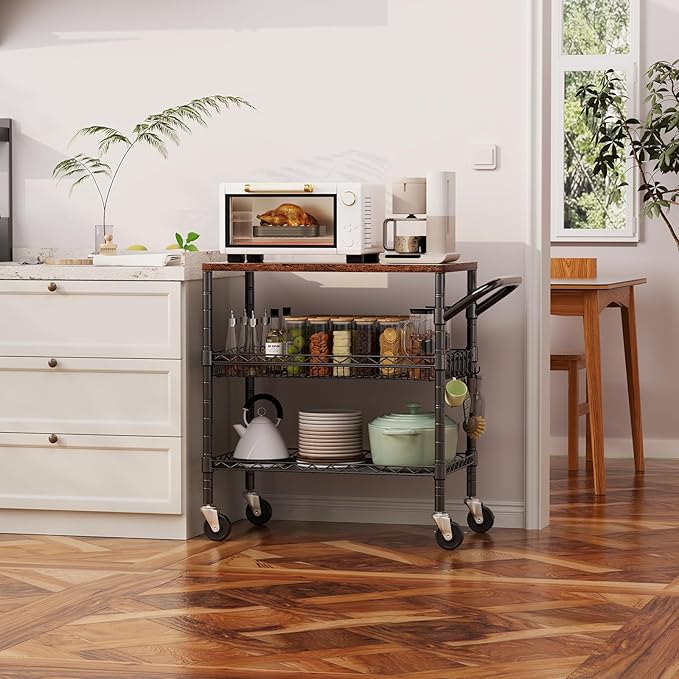 WDT 3 Tier Rolling Carts with Wheels, Heavy Duty Rolling Utility Cart with Wood Tabletop, Commercial Grade Metal Cart with Handle and Hooks, NSF Storage Serving Carts for Kitchen Island, Wood+Metal