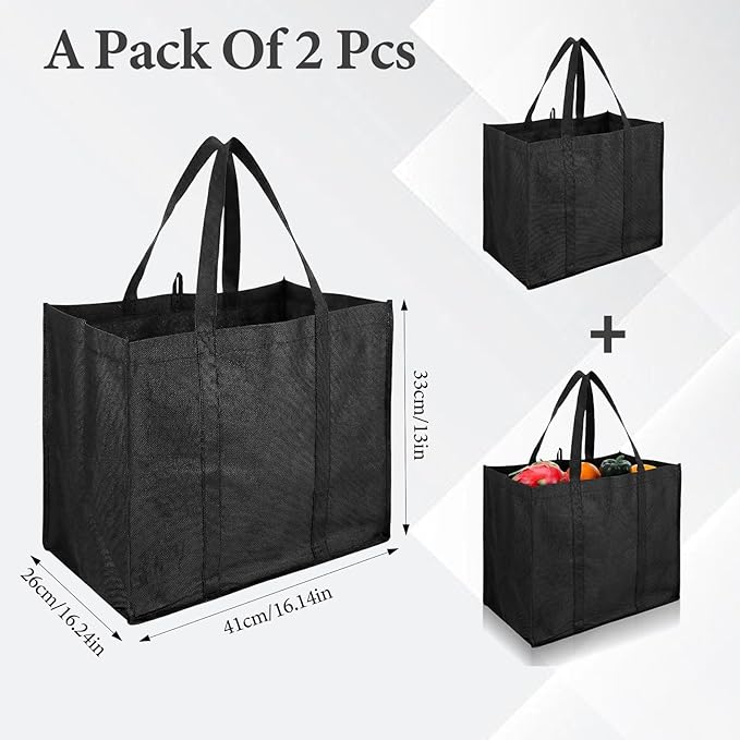 2 Pcs Foldable Reusable Grocery Bags With Reinforced Bottom & Handles, Heavy Duty Shopping Bags For Groceries, Black