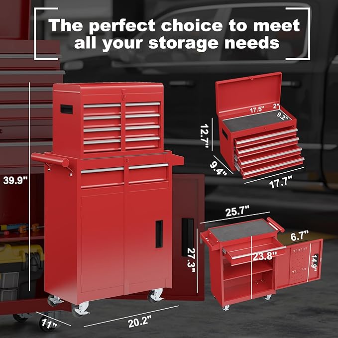 5-Drawer Tool Chest, Rolling Tool Storage Cabinet with Detachable Top Tool Box, Enhanced Packaging, Metal Tool Cart for Garage Workshop, Red