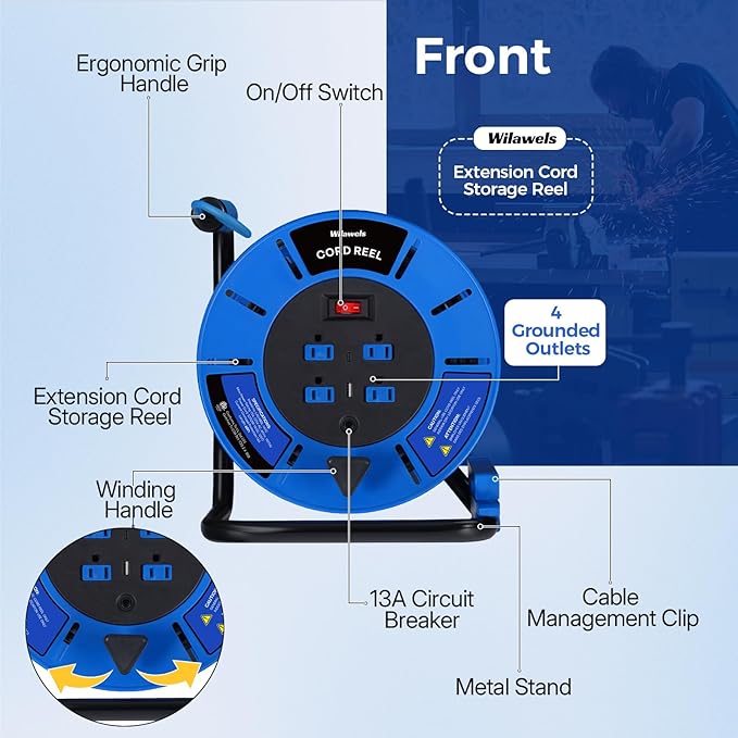 60 FT Retractable Extension Cord Reel, 14AWG Heavy Duty Power Cord with 4 Grounded Outlets, USB-A & USB-C Ports, 13A 1625W, Portable Hand Crank for Indoor Outdoor Use, ETL Listed U60ACR06