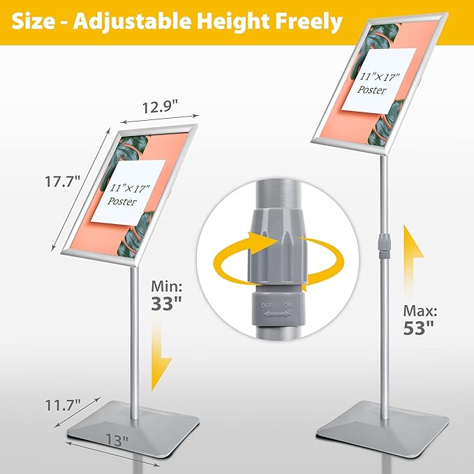 11"x17" Pedestal Poster Stand with Heavy Duty Solid Steel Base, Adjustable Floor Standing Sign Holder for Vertical and Horizontal Display, Silver 3Pack