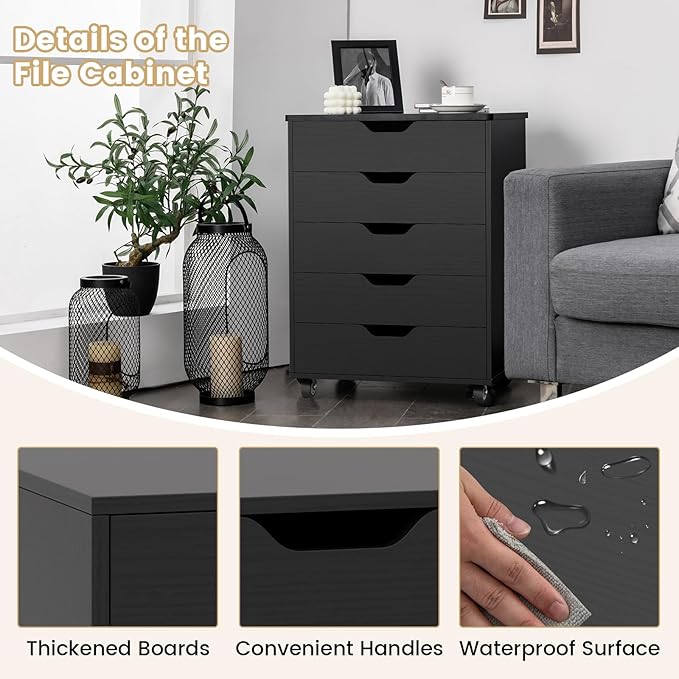 File Cabinet, Mobile Filing Cabinet w/Universal Wheels & 5 Drawers, Wood Printer Stand with Storage, Rolling File Cabinets for Home Office, Living Room, Bedroom (Black, 5 Drawers)