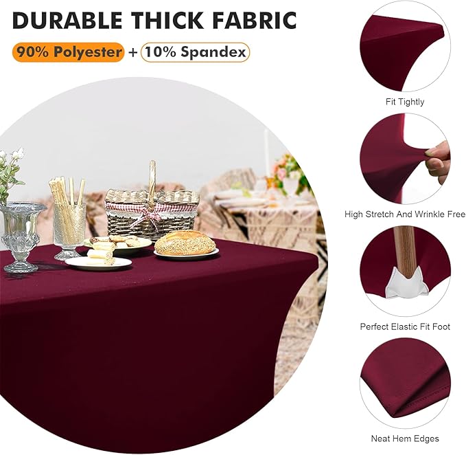SEPARO 2 Pack 6 Ft Burgundy Spandex Table Cover Fitted Rectangular Tablecloth Stretchable Fabric Table Cloth 6 ft Wrinkle-Free for Party Tradeshows Banquet Weddings Cocktail