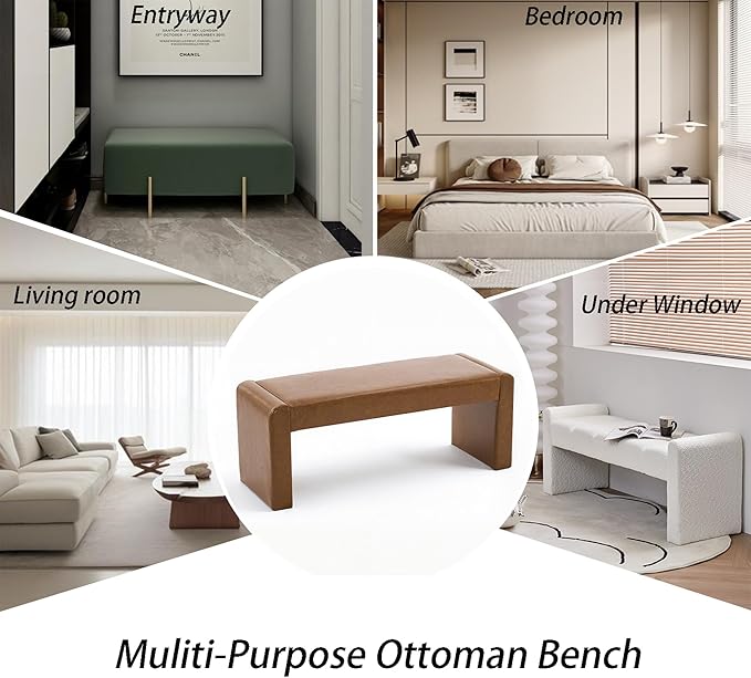 Faux Leather Entryway Bench End of Bed Bench Upholstered Modern Window Bench Comfy Ottoman for Dining Room/Bedroom/Living Room/Hallway/Indoor (Camel Brown)