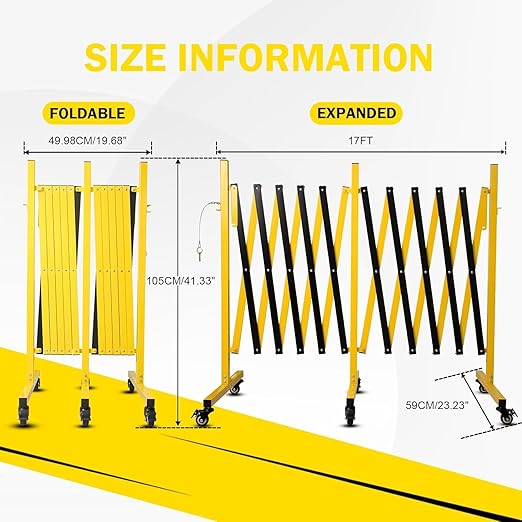 17FT Traffic Barricade with Casters, Metal Expandable Barricade, Folding Security Gate, Retractable Fence Outdoor Barricade Fence for Construction Area, Traffic Control(2pc)