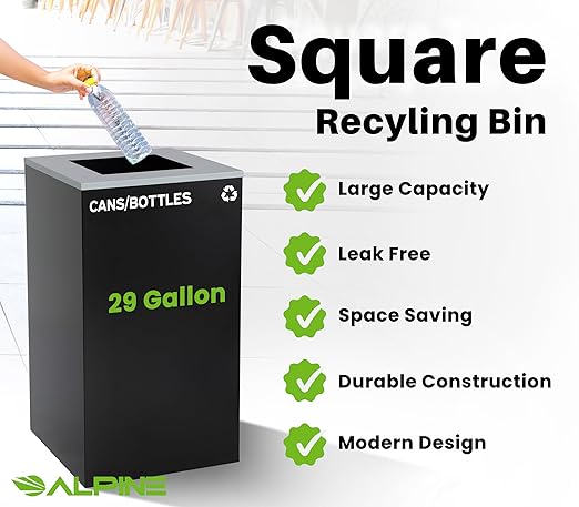 Alpine Industries 29 Gallon Commercial Indoor Recycle Bin, Modern Black Metal Container with Optional Lids
