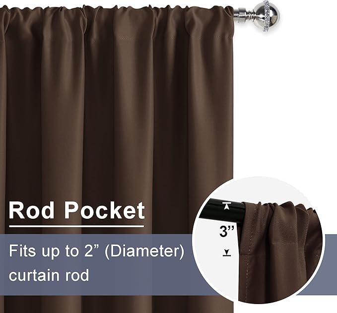 JIUZHEN Blackout Curtains for Bedroom– Thermal Insulated,Noise Reducing Room Darkening Rod Pocket Curtains for Living Room, Set of 2 Panels with Tiebacks, 42 x 63 inch Long, Brown