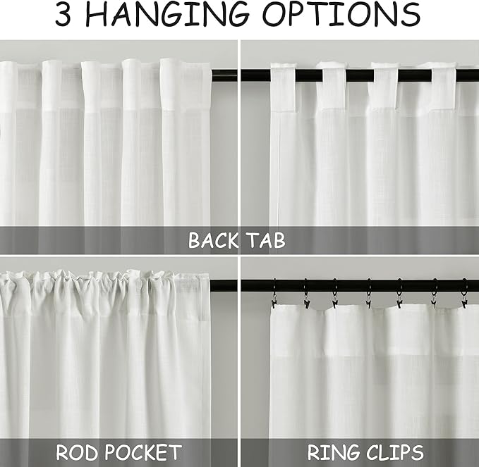 Semi Sheer Linen Curtains 90 Inches Long for Living Room 2 Panels Set Back Tab Pocket Ivory White Tall Vertical Curtains Luxury Light Filter Privacy Curtain Drapes for Bedroom Aesthetic 52X90