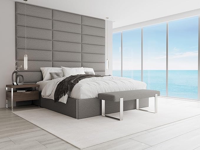 VANT Upholstered Bed Bench - Boucle Grey - Burnished Brass - Contemporary Modern, Bedroom Bench Seat, Hallway, or Entryway