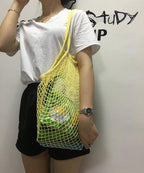 2Pcs Portable Reusable Mesh Cotton Net String Bag Organizer Shopping Tote Handbag Fruit Storage Shopper NEW (beige02 orange02)