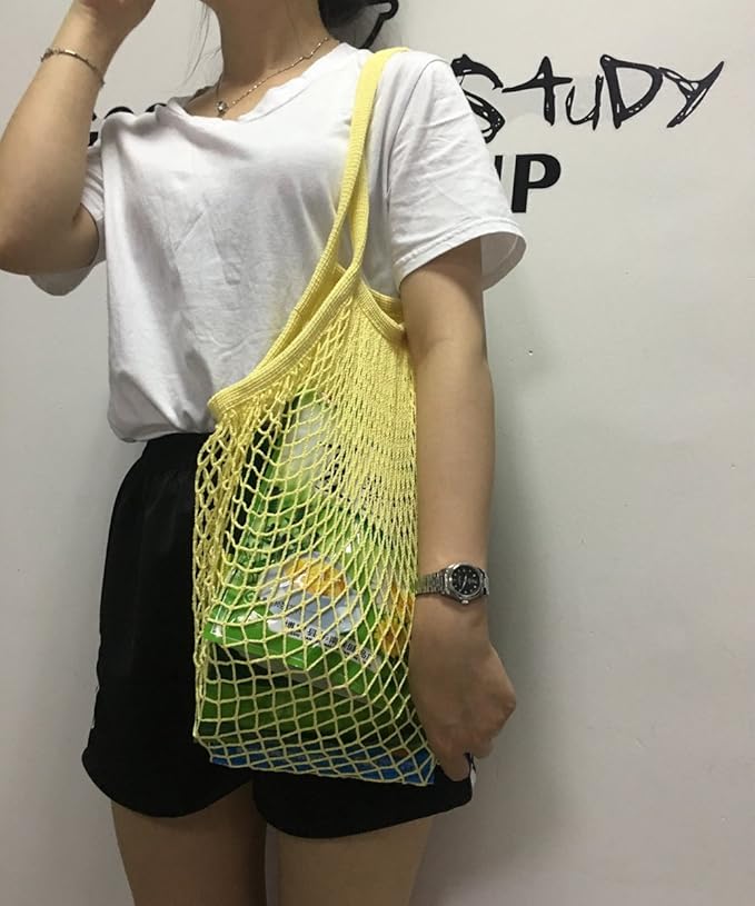 2Pcs Portable Reusable Mesh Cotton Net String Bag Organizer Shopping Tote Handbag Fruit Storage Shopper NEW (beige02 orange02)