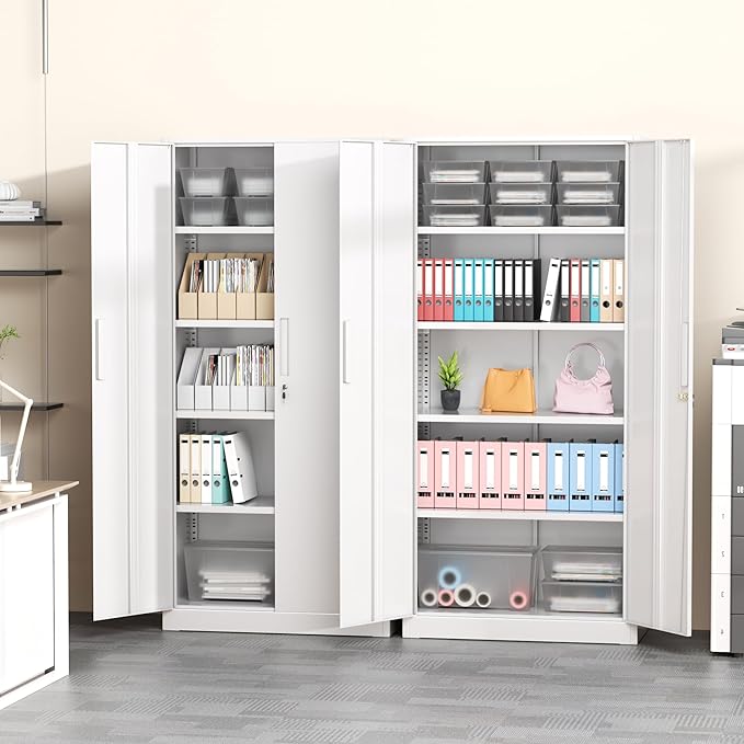 Greenvelly White Metal Storage Cabinet, 72" Steel Locking Cabinet with Doors and 4 Adjustable Shelves, Tall Tool Storage for Home Office, Metal Classroom Cabinet for Garage