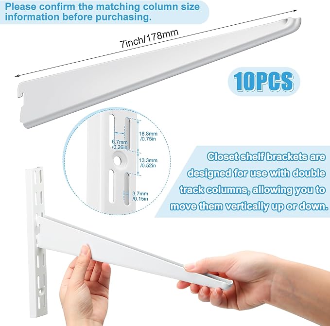 10 Pack Adjustable Shelf Brackets for Double Track System Closet Organization Heavy Duty Wire Shelf Brackets (White,7 Inches)