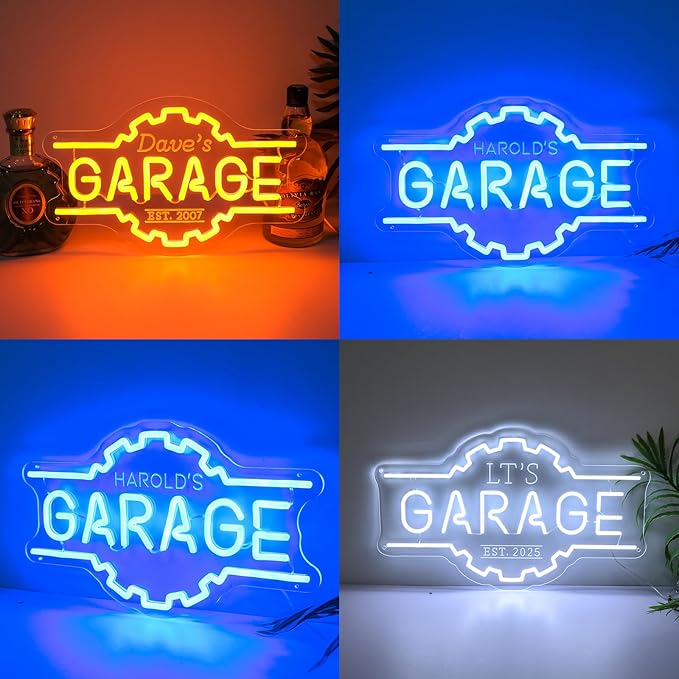 Custom Garage Neon Sign, Personalized 3D Engraved Gear Garage Name LED Sign, Customized Dimmable Neon Lights for Garage, Workshop, Carport & Man Cave Wall Decor, Gifts for Dad Father Husband Grandpa