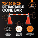 Retractable Barrier for Safety Traffic Cones - 2" OD - Large Yellow and Black Bar Barricade - for Road Construction, Parking, Warning, Temporary Security Divider (20, Orange & White, 72" x 120")