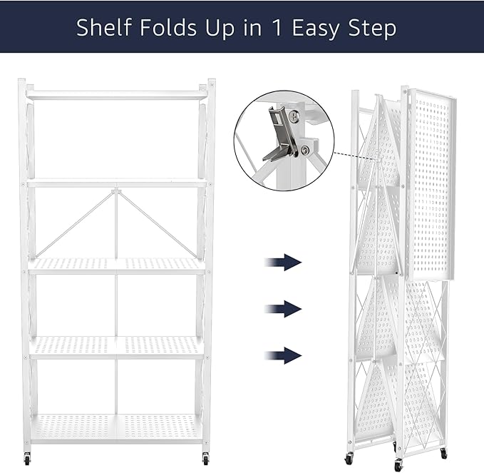 Lifetime Home 5-Tier Foldable Storage Shelf with Wheels - Metal Rack Collapsible Shelving Unit Display, Rolling Cart for Books Kitchen Storage Shelves, Pantry & Closet Organizer, Office Room Decor