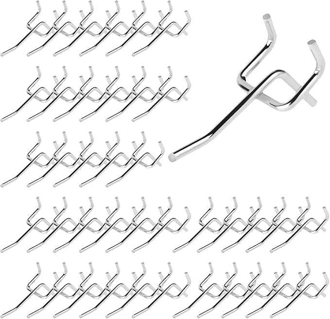 40Pcs 2" /50mm Stainless Steel Pegboard Display Hooks Bulk Set, Silver Garage Organization Peg Wall Hook Metal Slatwall Panel Hook Fit 1/8 and 1/4 Inch Pegboard for Retail