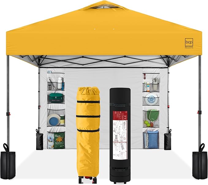 Best Choice Products 10x10ft Easy Pop Up Canopy w/Side Wall, 10 Pockets, Portable Carrying Case, 1-Button Setup, 4 Weight Bags - Marigold