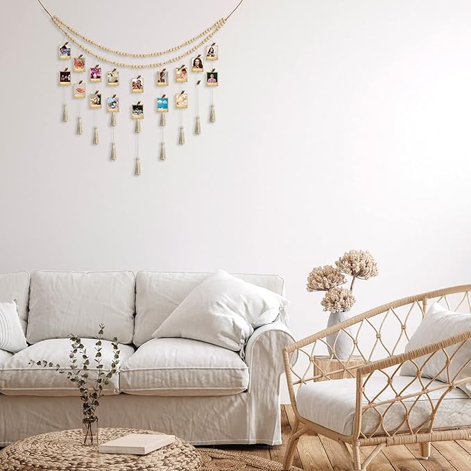 Amyhill Amyhill Hanging Photo Display Boho Macrame Photo Hanging with 24 Wood Wall Clips Macrame Collage Picture Frame with Wooden Beads Double Layer Room Display Decoration Art(Simple Style)