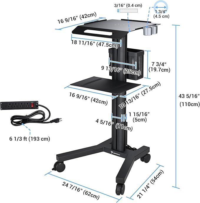 AW Mobile Laptop Cart Medical Rolling PC Stand Computer Workstation on Wheels with Handle 220 Lbs Capacity CPU Printer Power Strip Holder for Lap School Office Salon Spa Dental