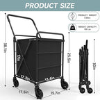 Folding Shopping Cart for Groceries, Grocery Cart on Wheels, 360°Rolling Swivel Wheels Portable Heavy Duty Utility Cart for Shopping, Grocery, Laundry (X-Large)