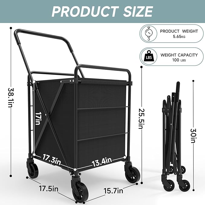 Folding Shopping Cart for Groceries, Grocery Cart on Wheels, 360°Rolling Swivel Wheels Portable Heavy Duty Utility Cart for Shopping, Grocery, Laundry (X-Large)