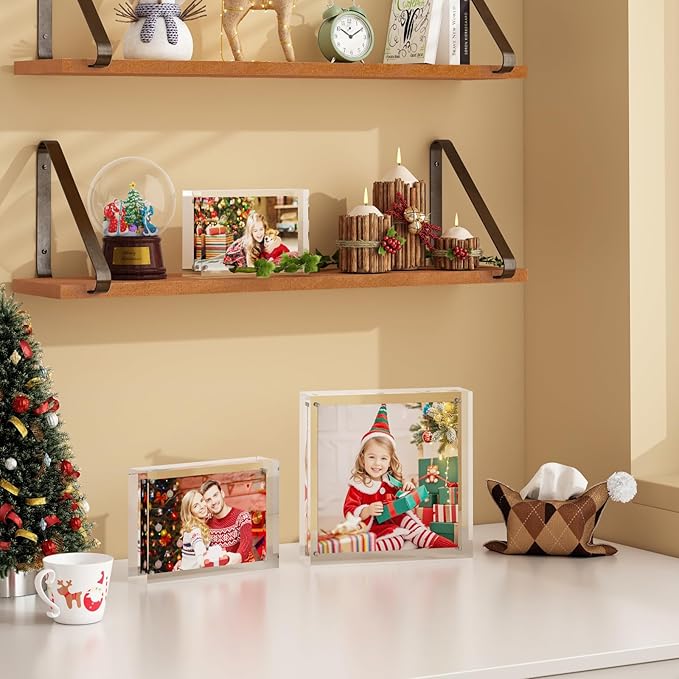 Egofine 4x6 Acrylic Frames 2 Pack, 20mm Thicker Frameless Clear Picture Frames, Double Sided Magnetic Picture Frames, Free Standing Desktop Display