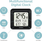 KADAMS Bathroom Clock 9.5" Kitchen Wall Clock with Large LCD Screen – Shower Clock with Suction Cup,Temperature, Humidity, Calendar – Water-Resistant, 4 Mounting Options, Black