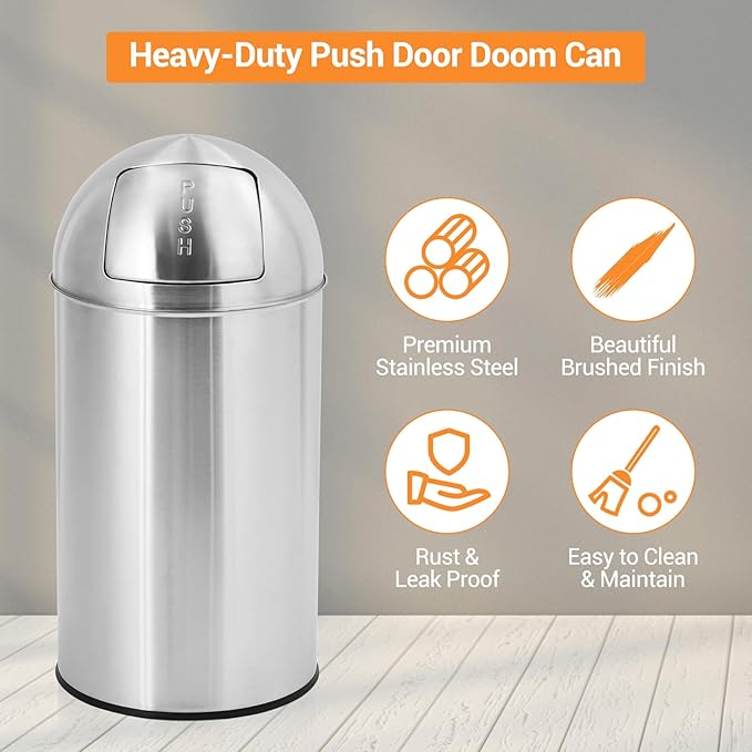 18.5 Gallon (70 L) Heavy Duty Stainless Steel Trash Can with Push Lid, Removable Inner Bucket, Durable Outdoor Garbage Bin for Commercial Use